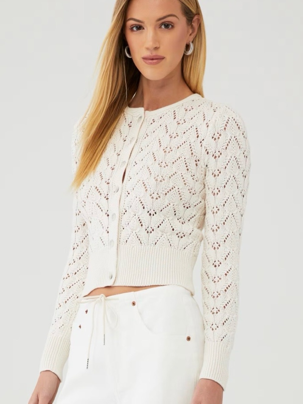 Free People Cream Open-Knit Cropped Button Cardigan - Picture 3 of 9